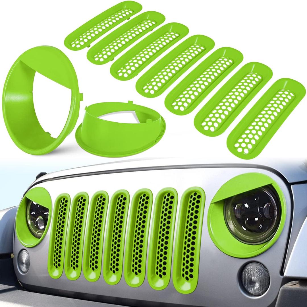 E-cowlboy Front Grille Mesh Inserts & Headlight Cover for 2007-2017 Jeep Wrangler JK JKU Unlimited Sport Rubicon Sahara Clip-in Grille Cover Guard Angry Bird Headlight Bezels Trim (Matte Green)