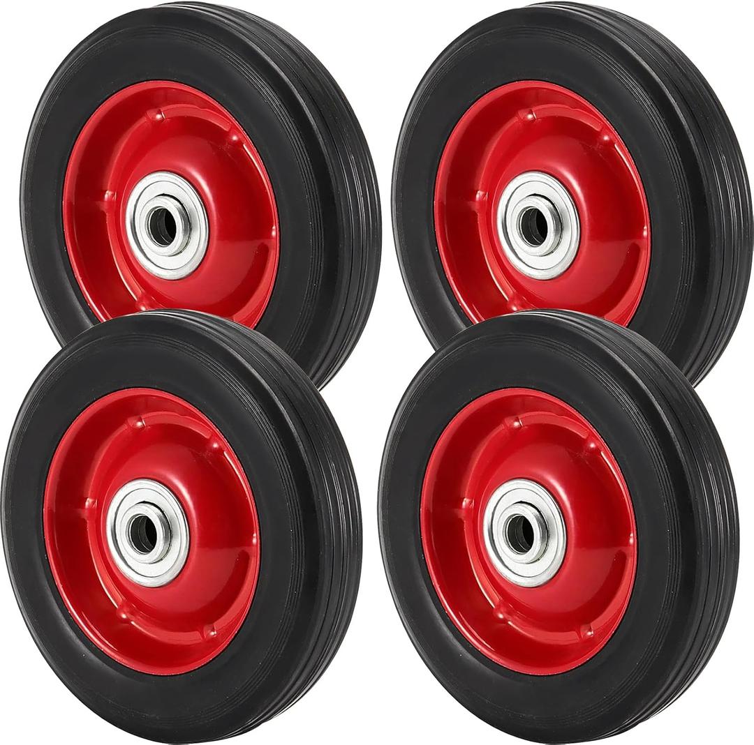 4 Pack 8 x 1.75 Inch Solid Rubber Wheel, Flat Free Rubber Tire with Ball Bearing, 1/2 Inch Bore Axle Replacement Hand Truck Wheel, 220lbs Load Capacity (Red)