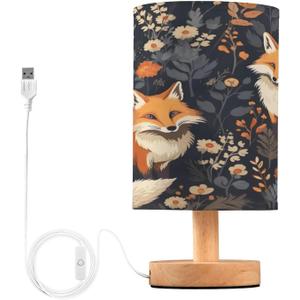 Cute Foxes LED Table Lamp - Modern Minimalist Bedside Lamp with Round Flaxen Fabric Shade for Nightstand, Perfect for Bedroom Ambiance (C38)