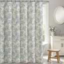 Linen Blue Floral Toile Shower Curtain, Linen Textured Fabric with 12 Rustproof Metal Hooks, Wrinkle Resistant Cloth Machine Washable Bathroom Decor for Cottage Core Style, W72* L72