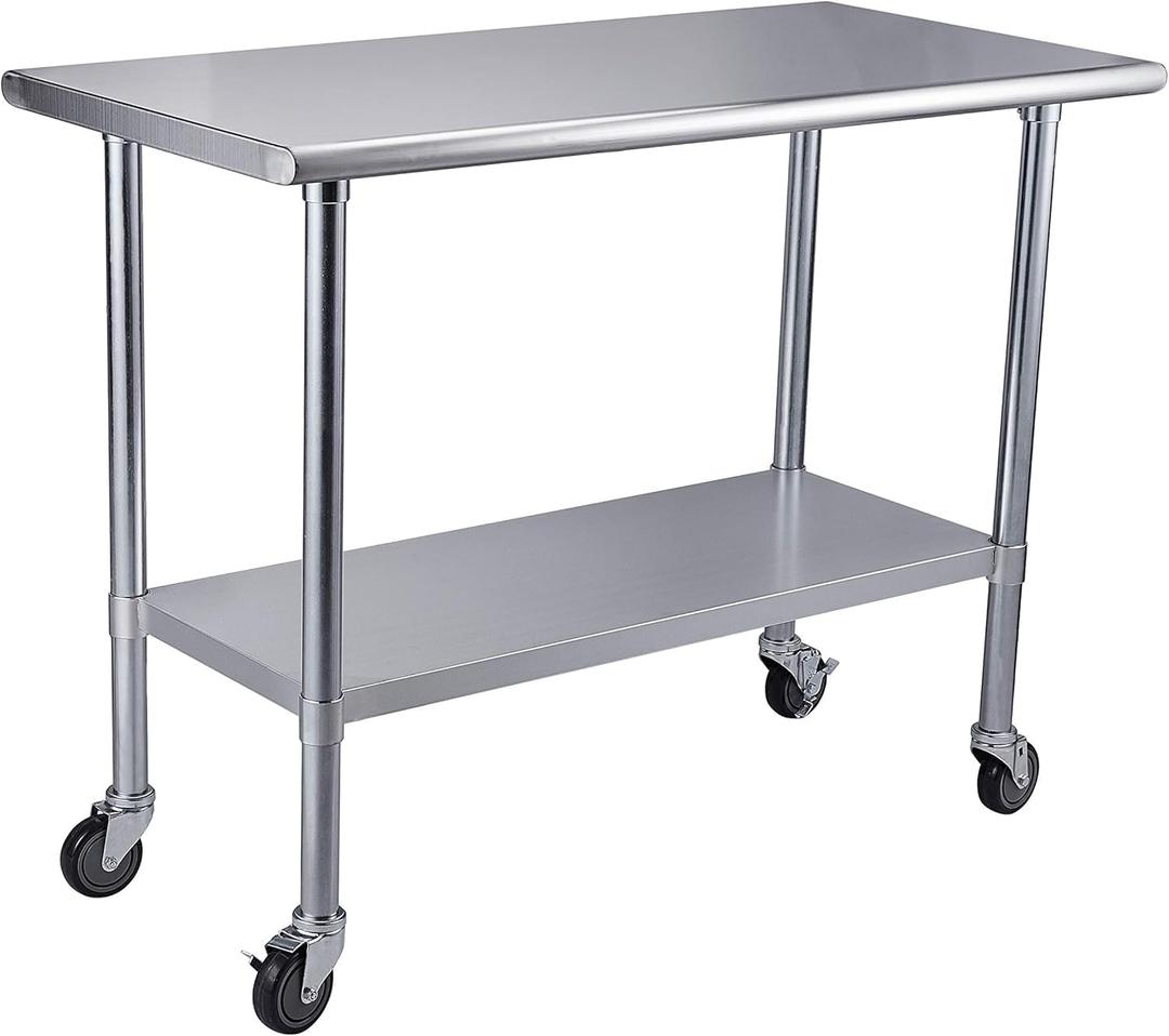 ROCKPOINT Stainless Steel Table for Prep & Work with Caster Wheels 24x48 Inches, NSF Metal Commercial Kitchen Heavy Duty Table with Adjustable Under Shelf and Table Foot for Restaurant, Home and Hotel