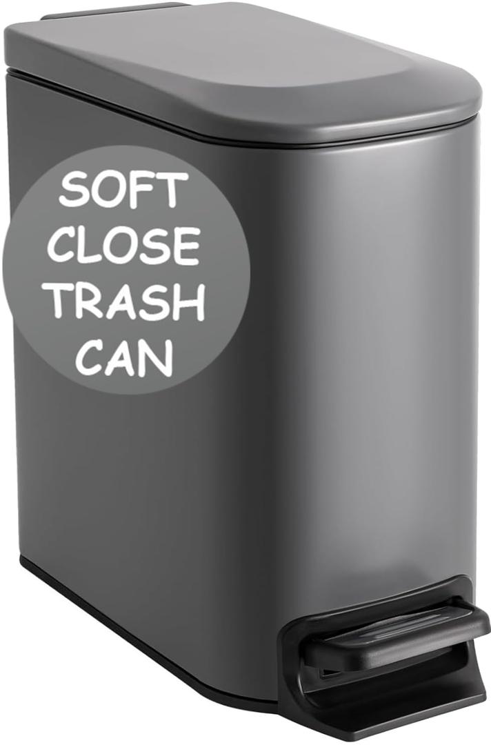Homie Soft Close, Slim Trash Can 6 Liter / 1.6 Gallon with Anti - Bag Slip Liner and Lid, Use as Mini Garbage Basket, Slim Dust Bin, or Decor in Bathroom, Restroom, Kitchen, or Bedroom (Matte Gray)