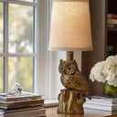 G-SAFAVA 14.25" Small Table Lamp for Living Room Farmhouse Bedside Resin Single Lamp with Gold Owl Lamp Shape for Bedroom Retro Rustic Nightstand Lamp