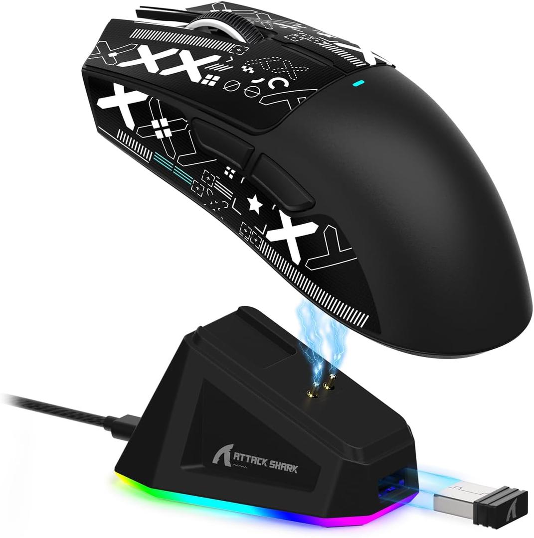 ATTACK SHARK X11 Lightweight Wireless Gaming Mouse with RGB Charging Dock,Tri-Mode-2.4G/USB-C Wired/BT,22K DPI,PAW3311 Optical Sensor,HUYU Switch, 5 programmable Buttons for PC/Mac(Black&Sticker) (Mouse and Anti-slip sticker)