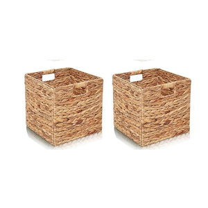Water Hyacinth Storage Baskets,4 Pcs 11.2"x11.2" Foldable Woven Bins,Cube Organizers Woven Bins for Bathroom, Bedroom, Laundry, Pantry, Shelves