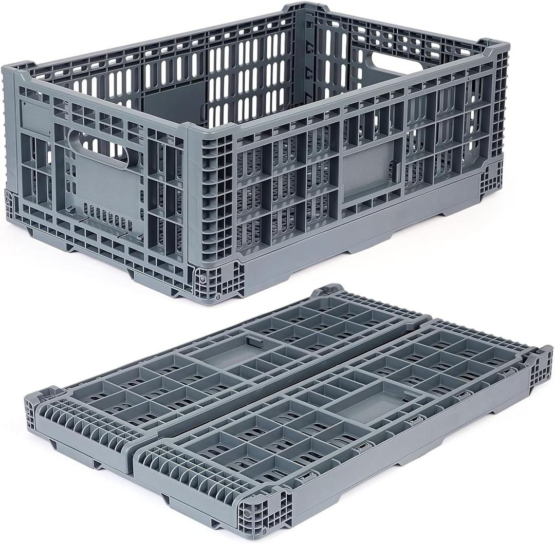 Collapsible Milk Crate, 52L Heavy Duty Plastic Storage Crate Stackable, Collapsible Crates for Storage, Space Saving for Home & Camping - Large Holds 130 lbs, Dark Grey