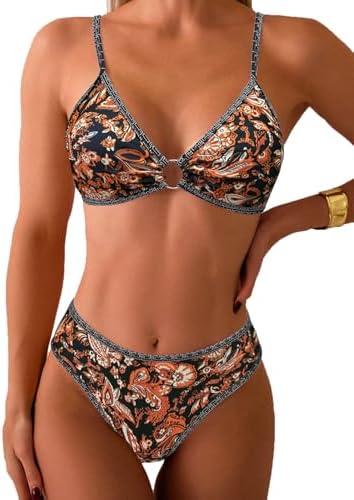 Fanuerg Women's Triangle Bikini Sets O Ring Linked Two Piece Swimsuits Floral Printed Cheeky Bathing Suit, Size XS