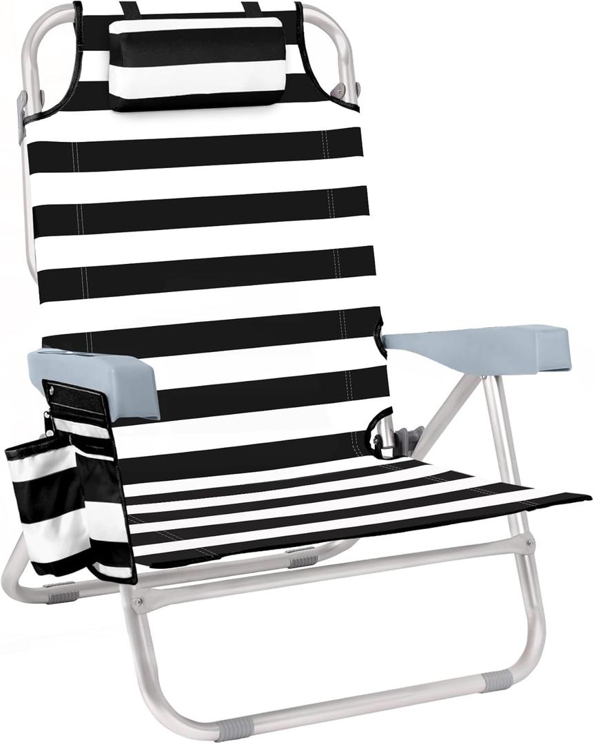Beach Chair for Adults, 5 Position Lay Flat Backpack Beach Chair with Cooler, Cup Holder and Storage Bag, Portable Folding Heavy Duty Beach Lounger for Outdoor, Lawn, Camping, Festivals-Black Stripe