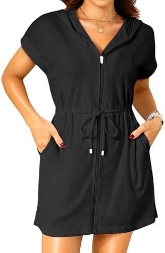 Terry Cloth Cover Ups - Hooded Cotton Swim Sun Cover-up with Zipper Pockets Beach Swimsuits