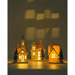 DN DECONATION Light up Christmas Decor Ceramic Village Houses, 3Pcs White Christmas Porcelain Villages with Frosted Trees, Holiday House Figurines Xmas Village Sets for Winter Table Decoration Indoor