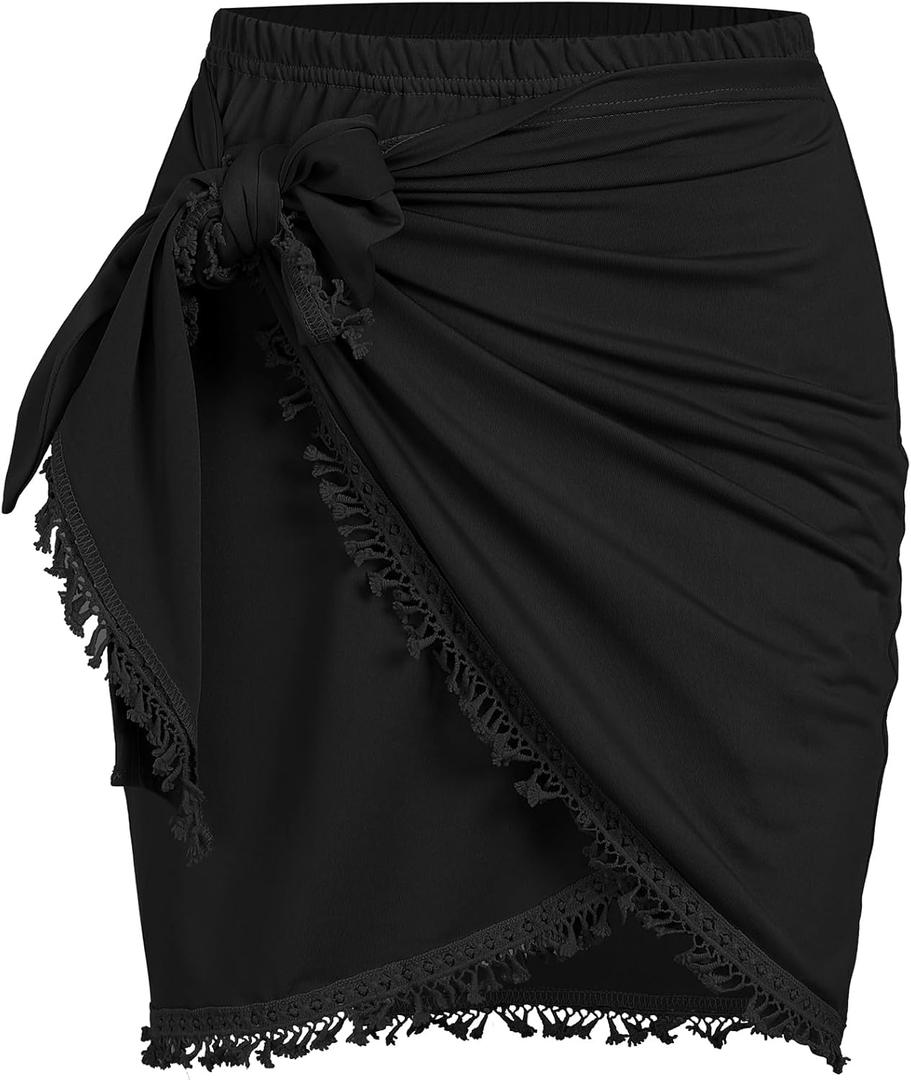 ZAFUL Slit Skirt for Women Ethnic Paisley Printed Tie Side Sarong-Style Bodycon Mini Short Skirt for Beach Night Out Party(Solid-Black, L)