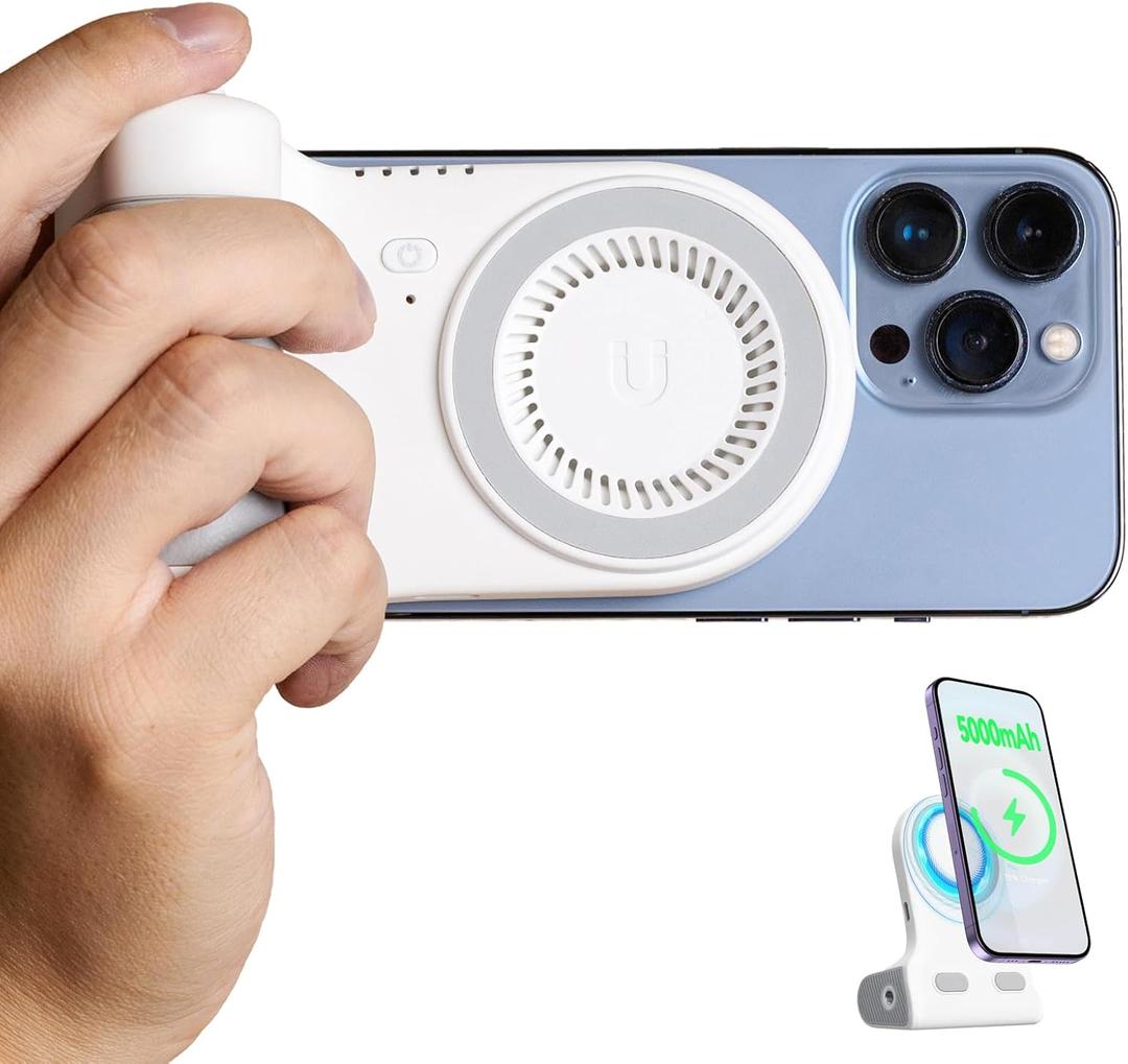 KraftGeek Magnetic Phone Stand Camera Grip with Wireless Charging & Bluetooth Shutter, Stand for iPhone, Ergonomic Handle for Vlogging, Selfies & Video Calls (White)