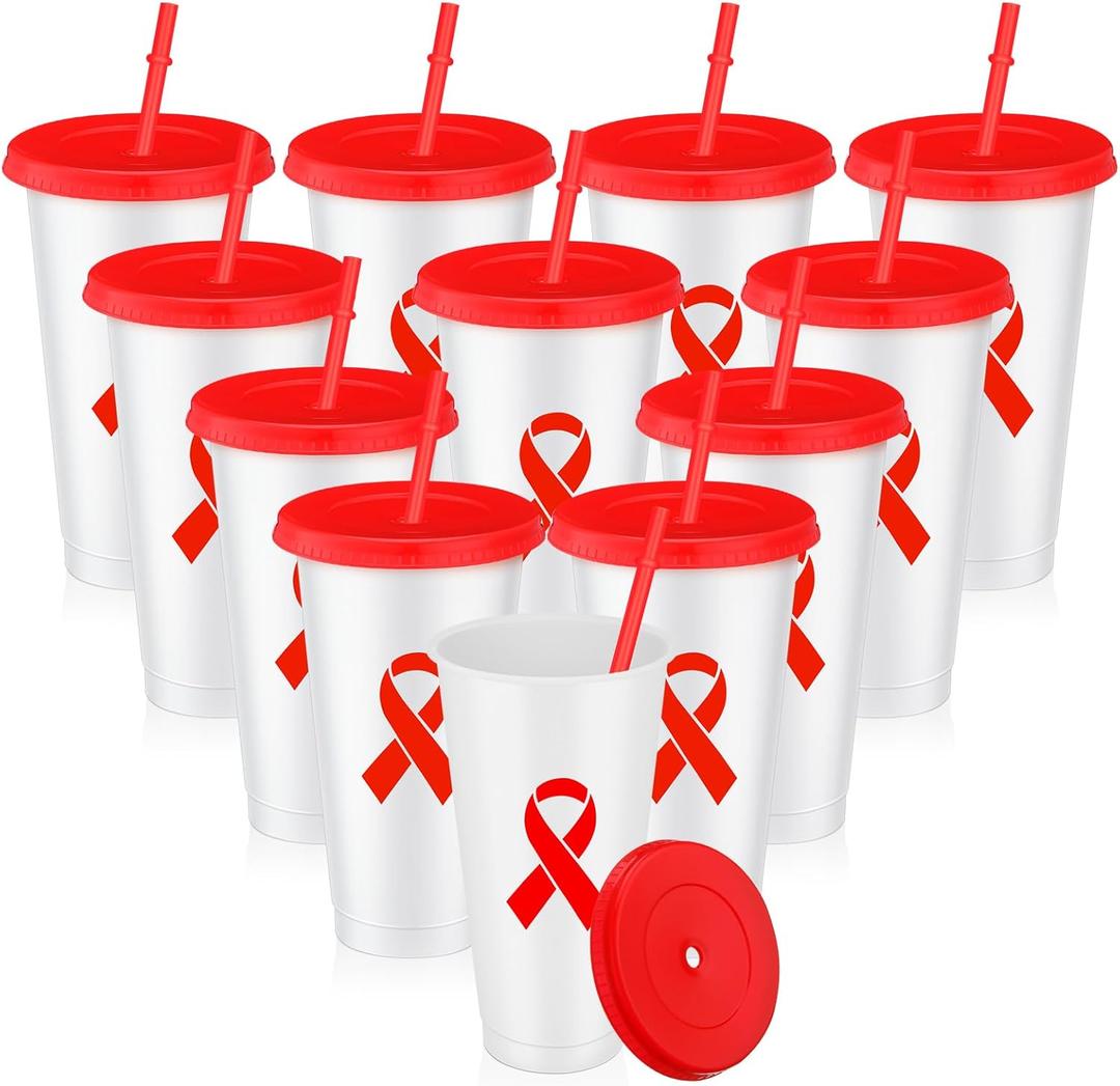 Tioncy 12 Pcs Cancer Awareness HIV/AIDS Red Ribbon Plastic Tumblers with Lids and Straws Inspirational Tumblers Cancer Awareness Gifts for Women Men Survivor Fighter Favors