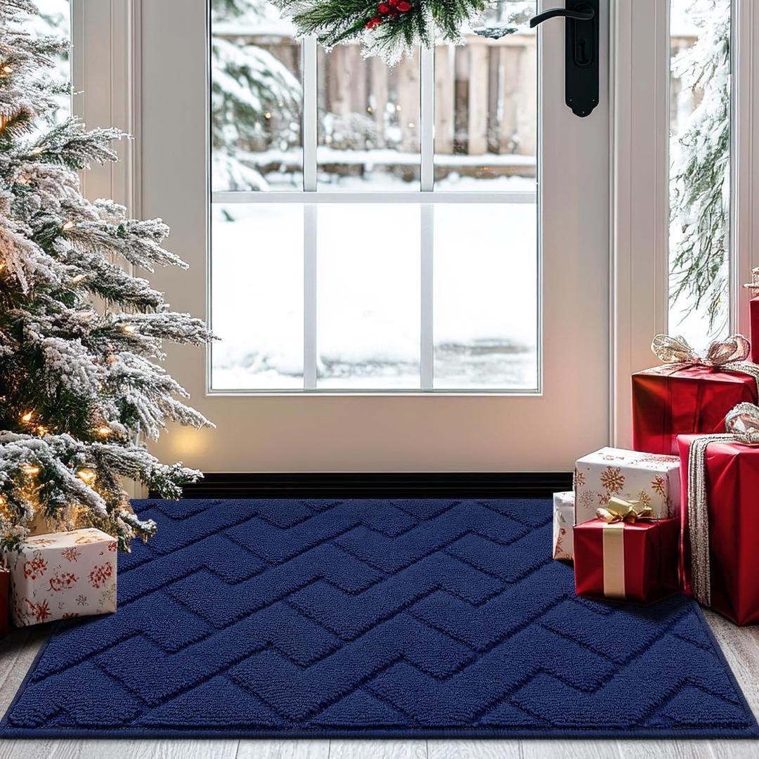 hicorfe Indoor Doormat, Front Back Door Mat TPR Backing Non Slip Mats 20"x31.5" Absorbent Resist Dirt Entrance Doormat Inside Floor for Entryway Washable Low-Profile(Navy Blue)