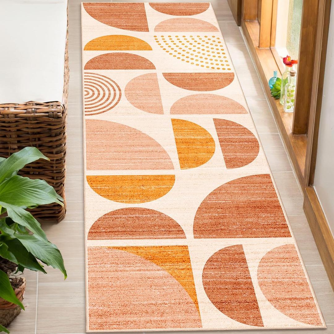 MUJOO Boho Runner Rug Washable,2x6 Area Rugs for Hallways Kitchen Bathroom Bedroom Entryway,Non Slip Carpet Long Mat Indoor,Soft Modern Abstract Bohemian Orange (Orage and Beige)
