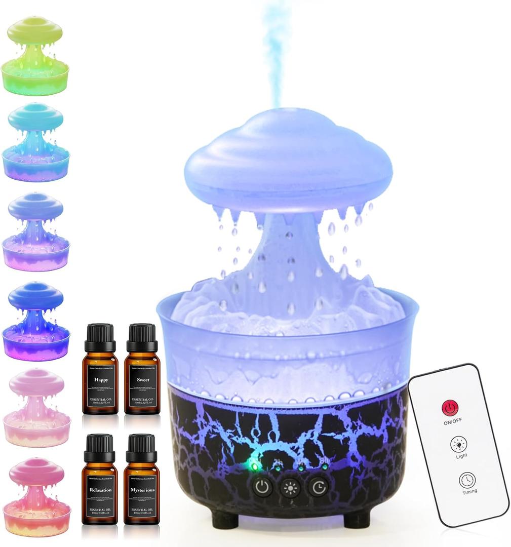 BOHOFAM Aroma Essential Oil Diffuser,Rain Cloud humidifier Simultaneously Water Drip and Air Mist,Rain Diffuser with 4 Hotel Collection Essential Oils for Home,Bedroom,Colorful Light(Black)