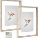 MUYE 11x14 Floating Frames Distressed Beige White Wood Pattern,Double Glass Picture Frame Set of 2 Display Any Size Photo up to 11x14,Wall Mount or Tabletop