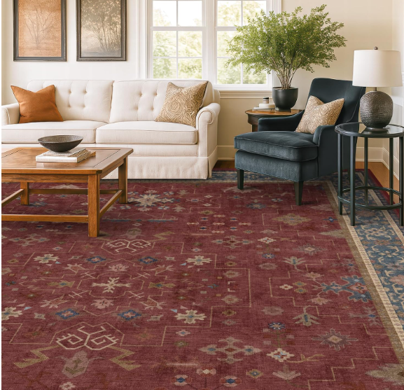 Hazo Haus Oriental 8x10 Large Area Rugs for Living Room - Burgundy Rug for Bedroom Under Bed, Dining Room Under Kitchen Table, Washable Soft Non Slip Unique Indoor Décor