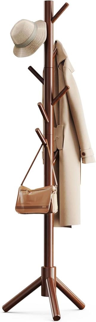 Pipishell Sturdy Wooden Coat Tree with 8 Hooks, 3 Adjustable Sizes for Clothes, Hat Stand Used in Bedroom/Office/Entryway, Brown (Brown)