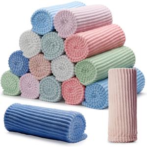 16 Pcs Pastel Colors Flannel Throw Blanket Bulk 50 x 60 Inch with Striped Ribbed Throw Blanket Soft Lightweight All Seasons Blankets for Sofa Room Couch Donation Homeless Wedding Gifts