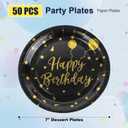 4 x 50Pcs Happy Birthday Black and Gold Paper Plates,7inch Disposable Metallic Foil Polka Dots Disposable Dessert Party Supplies Plates for Graduation Birthday Decorations Party
