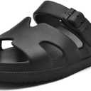 Women's Flat Sandals with Arch Support, Summer Beach Slides Adjustable Buckle, Comfort Lightweight Cushion Slip on H-Strap Sandal (7, Black)