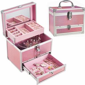 Hododou Girls Jewelry Box Organizer with Drawer & Mirror, Shiny Pink Style Lockable Storage Case for Kid or Little Girls Jewelry and Hair Accessories