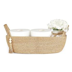 Mkono Small Storage Basket for Toilet Tank Top Boho Bathroom Decor Woven Rope Toilet Paper Tray Organizer for Shelf Bedroom Living Room, Jute, 1 Pack, 13" L x 6" W