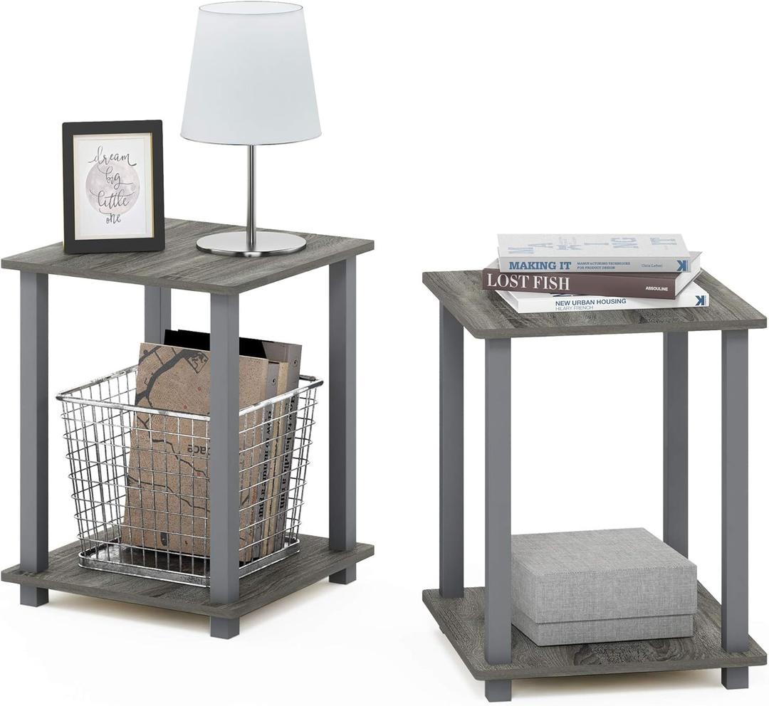 Furinno SIMPLISTIC Side Table Set of 2, 2-Tier Square Modern End Table, Nightstand, Night Stand, Bedside Table, Toolless Assembly, for Living Room, Bedroom, French Oak (2-Pack, Plastic Pole)