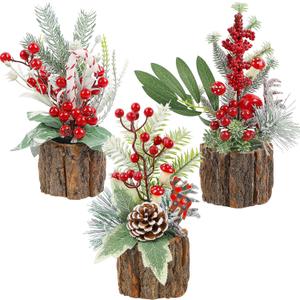Lulu Home 3 Packs Christmas Table Decorations, Artificial Mini Christmas Trees Centerpieces with Red Berries Pine Cones for Xmas Tabletop Home Farmhouse Holiday Decor