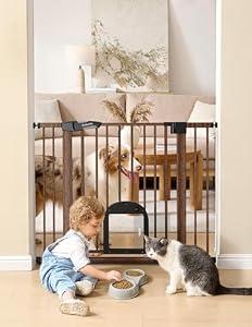 Babelio CatPrivilege Ⅲ Baby Gate with Cat Door, 29"-43" Adjustable Black Wood Pattern Pet Door, 30" Tall Pressure Mounted Safety Gate for Stairs & Doorways, Auto Close, Wall Protectors Included