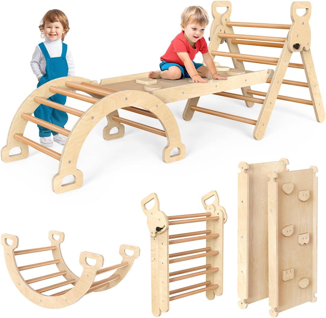Pikler Triangle Set Montessori Play Gym Climbing Toys for Toddlers 1-3 Inside Wooden Baby Play Gym Toddler Slides Indoor and Outdoor Play