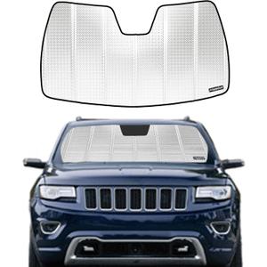 Windshield Sun Shade for Jeep Grand Cherokee 2014-2021. Reflective Aluminum Film Front Window Sunshade - BLAZBLOCK B (Classic Shiny Silver)