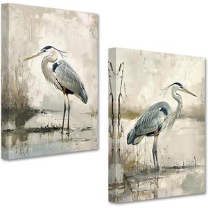 PBXBJY Heron Wall Art Coastal Bird Canvas Prints 2 Pieces Blue Heron on the Beach Pictures Vintage Animal Poster Living Room Kids Room Decor Frame (16x24inchx2Pcs) (Beige)