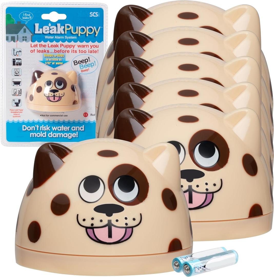 Water Leak Monitoring Sensor with Alarm 6 Pack- Leak Puppy Electronic Flood Detector- Senses as Little as 1/32" of Water - Warning Overflow Alert Sensor Beeps Loudly in Home, Basement- Battery Powered