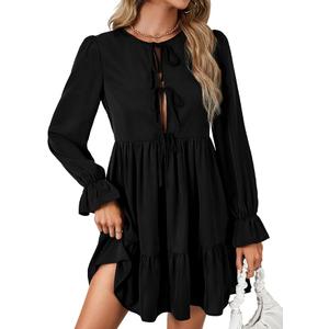 LYANER Women's Bow Tie Hollow Out Front Puff Long Sleeve Flowy Mini Dress, Large