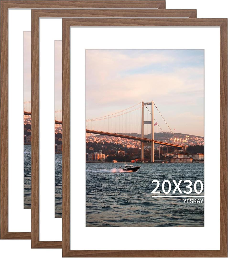 YESKAY 20x30 Picture Frame Brown Set of 3, Display Pictures 16x24 with Mat or 20 x 30 Without Mat, Poster Frames 20x30 for Wall Hanging Horizontal and Vertical