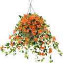 INQCMY Artificial Hanging Flowers with Basket for Spring Outdoors Decoration,Fake Silk Morning Glory Vines in Planter UV Resistant Realistic for Home Garden Balcony Porch Decor(Orange)