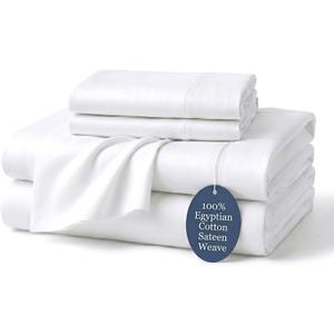 100% Egyptian Cotton Sheets Full Size Luxury Hotel Quality Soft and Smooth White Full Bed Sheet Set 16" Deep Pocket Sateen Weave Extra Long Staple Cotton Bedding - 4 Piece