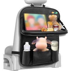 Car Backseat Organizer with Tablet Holder, 9 Storage Pockets PU Leather Foldable Table Tray Seat Back Protectors, Car Seat Back Protectors Kick Mats Car Accessories (Black)