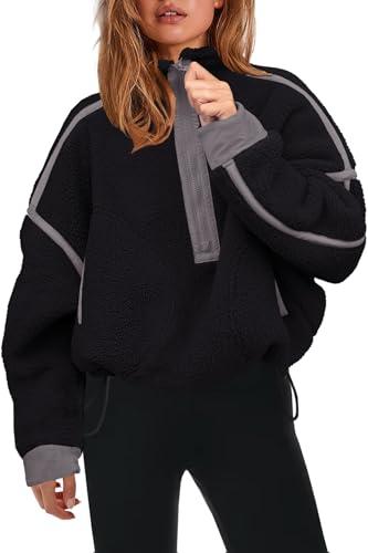 Panadila Women's Half Zip Sherpa Fleece Pullover Soft Oversized Sweatshirt with Pockets Warm Fuzzy Sweater (Black, XL)