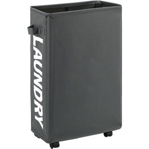 25" Slim Rolling Laundry basket on Wheels, 50L Collapsible Narrow Corner Laundry Hamper, Foldable Storage Bins, Grey
