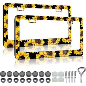 Sunflower License Plate Frame - 2 PCS Aluminum Metal Yellow Sunflowers License Plate Frames Holder Covers, Rust-Proof Waterproof Car Decorative Tag Frames for Standard US 12x6 Inch