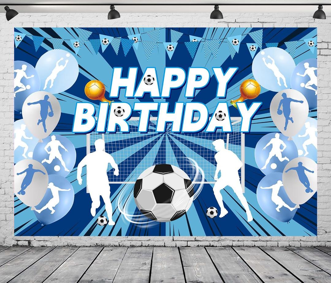 7x5FT Soccer Birthday Backdrop Running Blue Soccer Bckdground for Boys Sports Party Theme Decorations Photoshoot Photo Props Background Vinyl