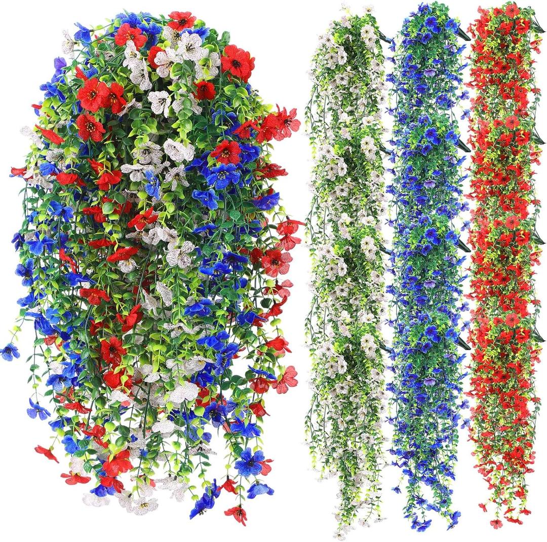 12 Pcs 4th of July Artificial Hanging Flowers Outdoor Red Blue White Fake Trailing Plants Patriotic Silk Memorial Day Flower Arrangement for Independence Veterans Porch Patio Yard Decor