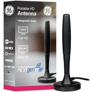 GE Portable HD TV Antenna, Indoor Digital Antenna for 1080p 4K 8K, VHF UHF Channels, 20 Mile Range, Magnetic Base, Compact Travel Design for RV, Camping, Tailgating, Black, 81843