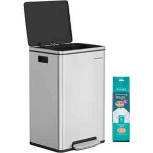SONGMICS Trash Can, 13-Gallon Gabbage Can, with 15 Trash Bags, Stainless Steel, with Soft-Close Lid, Removable Inner Bucket, Handles, Silver ULTB595E01