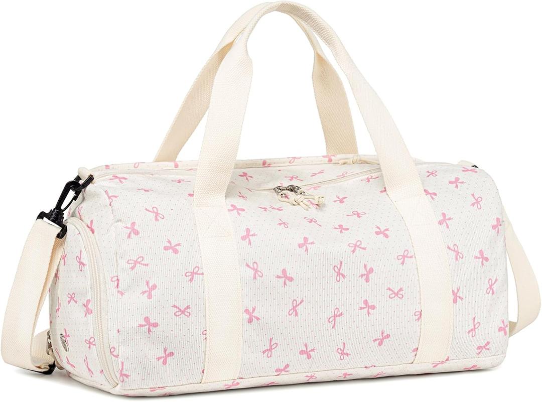 Gym Bag Sports Duffle Bag with Wet Pocket Weekender Overnight Bags with Waterproof Shoe Compartment for Girls Kids Women Dance Workout Travel Bags (Bow Pink)