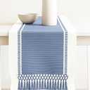 PurpleEssences Table Runner - Wide with Dobby Stripe, Heavy Ribbed Weave & Double Knot Fringes, 14x72 Inch (14x77.5 with Fringes) Farmhouse Decor Spring Easter Summer - French Blue and H.White