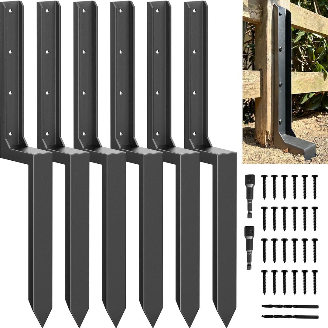 Fence Post Repair Kit - Quick Fix Broken/Leaning 4x4/6x6 Wood Posts Support with Heavy-Duty Steel Anchors & Stakes (Thickened 11-Gauge, 6-Pack)